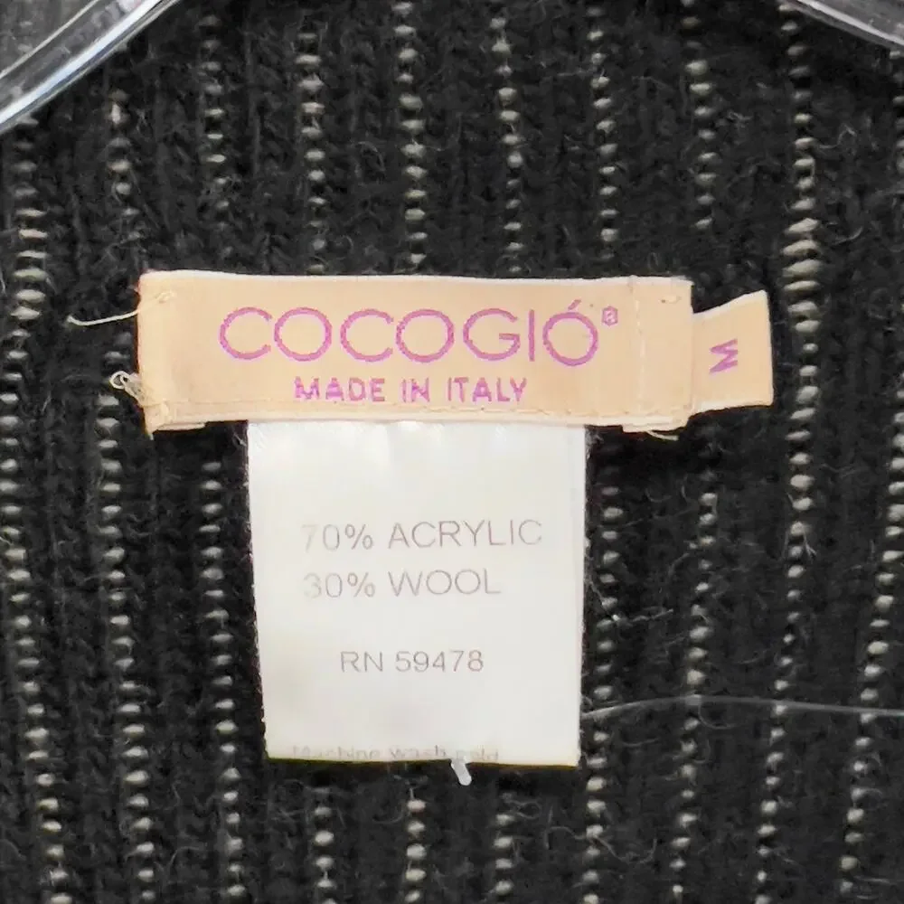 Cocogio Cardigan Sweater M Black‎ Tan Striped Wool Blend Cozy Coatigan Italy